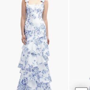 Blue and White Floral Prom Dress